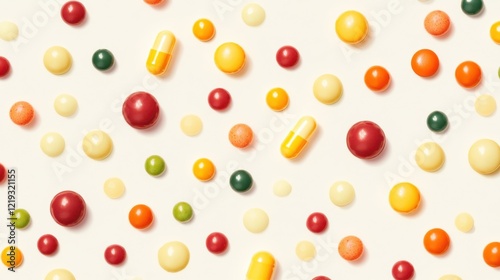 Colorful capsules and pills scattered on white background. photo