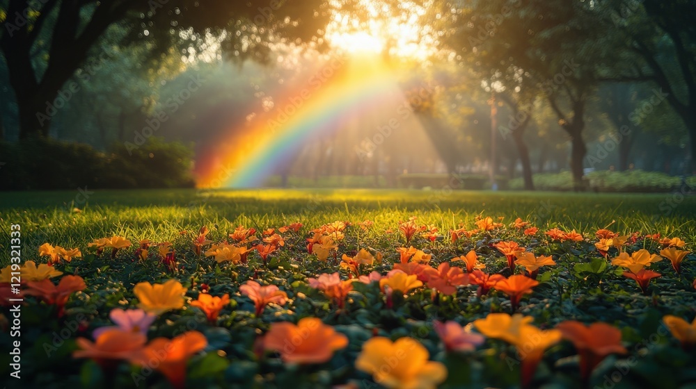 Obraz premium Colorful flowers bloom under a vibrant rainbow in a serene park during early morning light