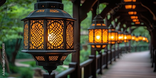 Traditional Idul Fitri lanterns hanging from the ceiling, casting soft patterns of light on the floor, creating a festive and serene atmosphere photo