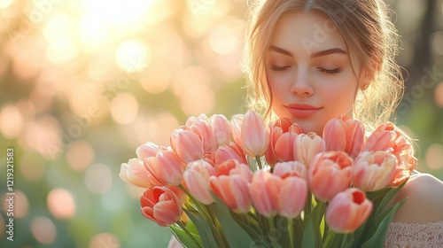 Young woman holding a bouquet of pink tulips in a sunlit garden, romantic floral gift for Mother's Day and International Women's Day

