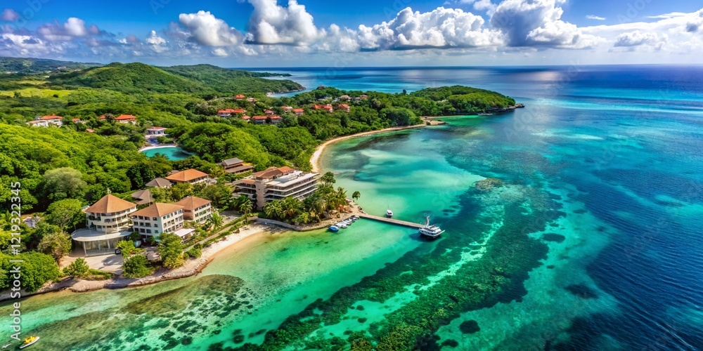 Obraz premium Roatan Island Bay Ocean View Hotel: Breathtaking 5K Aerial Panorama