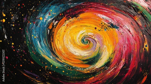 Abstract swirl of vibrant colors, featuring shades of yellow, orange, red, blue, and purple.