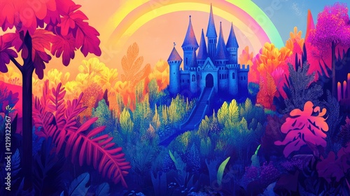 A vibrant fantasy landscape featuring a majestic castle under a rainbow, surrounded by lush, colorful foliage photo