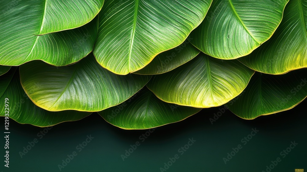 Obraz premium Green tropical leaves layered naturally create a vibrant backdrop with variations in texture and shade