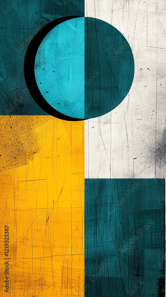 Naklejka premium Playful retro layout, grainy teal and yellow textures, exaggerated overlapping geometric shapes layered for a nostalgic risograph look