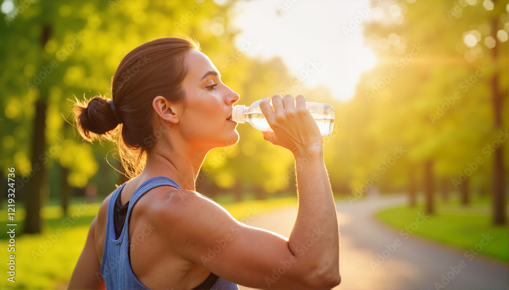 Athletic woman drinking water during outdoor exercise, Spring Marathon theme Athletic woman drinking water during outdoor exercise, Spring Marathon theme