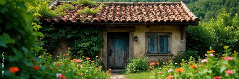 Ancient wooden tile roof with vines and flowers, natural, weathered, overgrown Ancient wooden tile roof with vines and flowers, natural, weathered, overgrown