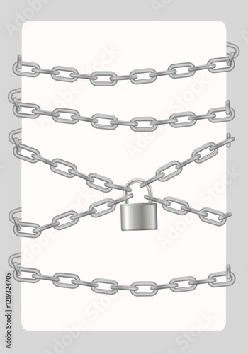 Padlock and chain. Gray metal chain and padlock, handcuffed card, vector