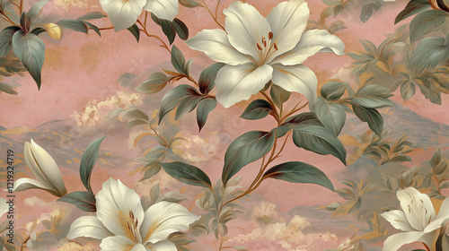 A white lily flowers vintage Victorian area seamless wallpaper.