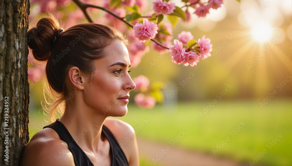 Woman enjoying nature by blooming cherry blossoms, Spring Marathon theme Woman enjoying nature by blooming cherry blossoms, Spring Marathon theme