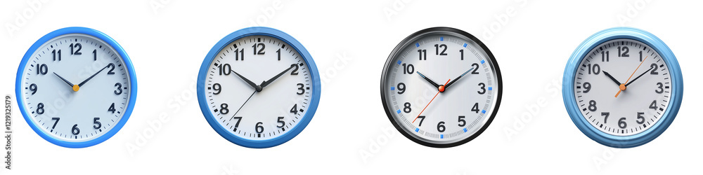 Multiple analog wall clocks with circular design in blue and gray, featuring white clock faces and black numerals, ideal for office decor and time management concepts.
Multiple analog wall clocks with circular design in blue and gray, featuring white clock faces and black numerals, ideal for office decor and time management concepts.