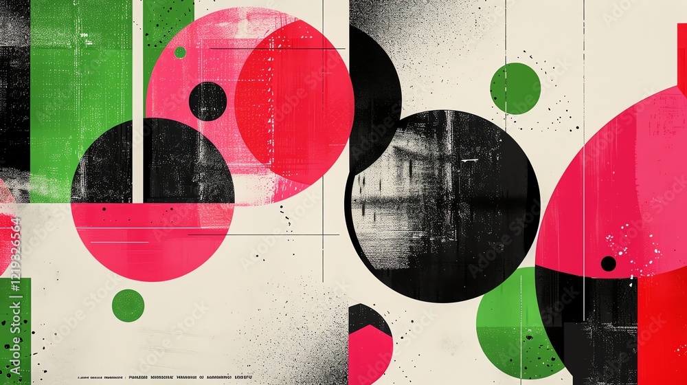 Obraz premium Retro risograph-inspired layout, grainy pink and green textures, exaggerated overlapping shapes layered for a vintage feel