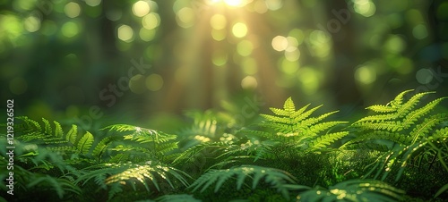 refreshing nature scenery landscape, peaceful spring season, lush green fern growning cover forest ground under sunlight flare  photo