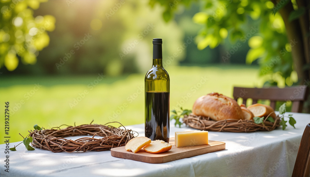 Naklejka premium Wine bottle and cheese on table in sunny outdoor setting, Trifon Zarezan theme