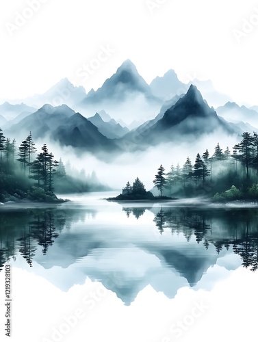 Misty Mountain Lake: A Serene Blue and Green Landscape Painting