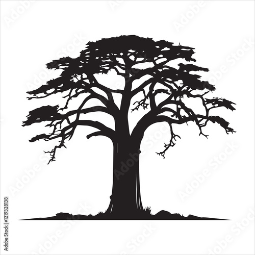 A striking, black silhouette of a large, mature tree, likely a cedar or similar species, is showcased against a light-gray background.