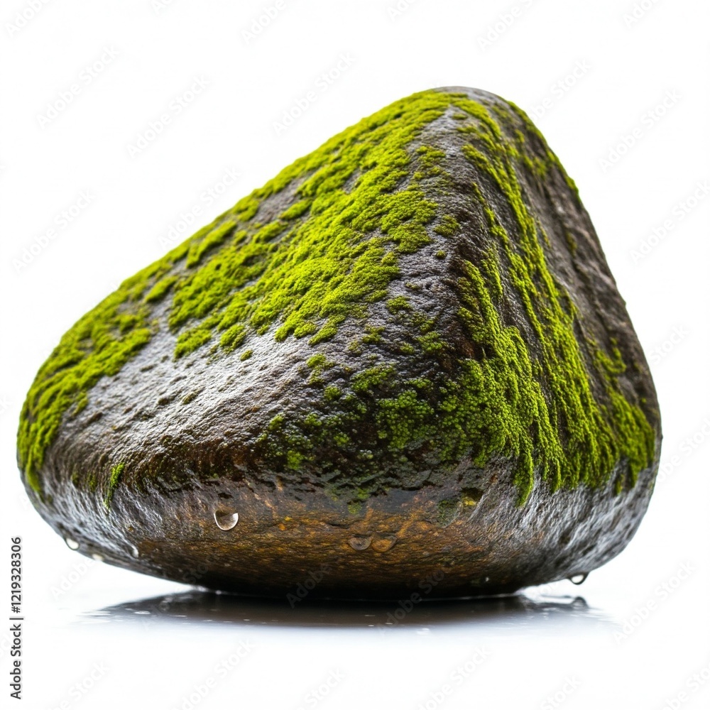 Moss-Covered Wet Boulder Isolated on White Background Moss-Covered Wet Boulder Isolated on White Background