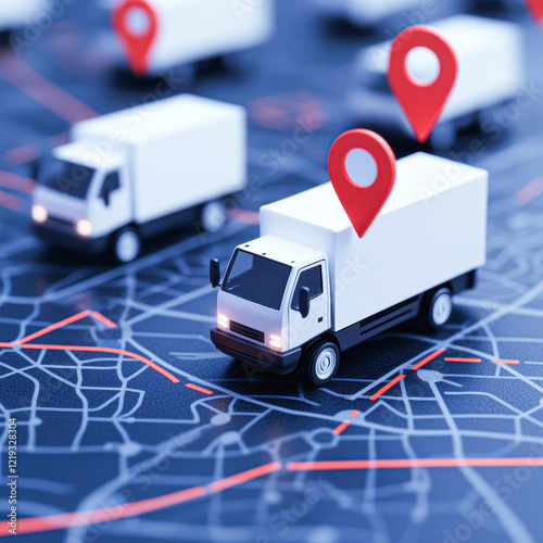 A map with a white truck and two red markers on it