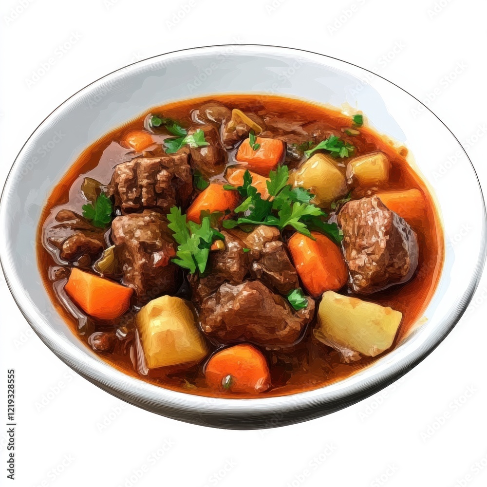 A hearty beef stew with carrots and potatoes, isolated white background, impressionist art style A hearty beef stew with carrots and potatoes, isolated white background, impressionist art style