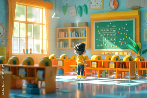 A colorful classroom scene with a child exploring learning materials. photo