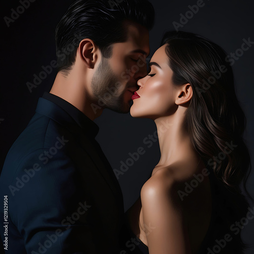 Romantic Kiss with Bold Energy Amid Deep Shadows and Lighting photo