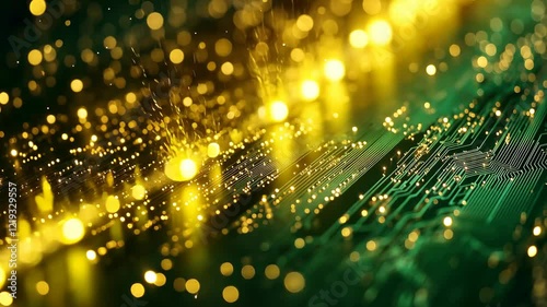 Experience a dazzling cascade of golden lights streaming over intricate green circuit patterns. This video captures the synergy of light and technology in an awe-inspiring visual symphony.