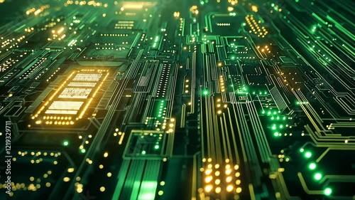 Step into a digital world where vibrant green and glowing orange circuits converge in a stunning display of technology. Experience the mesmerizing dance of light and circuitry. 