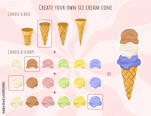 Kit for creating your Ice Cream cone. Customizable Ice Cream for the menu. Vector.