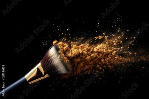 Makeup brush spreading shimmering golden face powder on black background, creating a luxurious and glamorous beauty concept photo