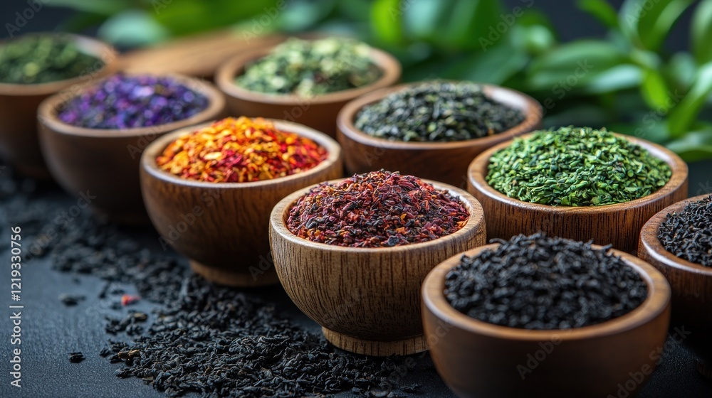 Aromatic Tea Collection: Diverse Flavors in Wooden Bowls Aromatic Tea Collection: Diverse Flavors in Wooden Bowls