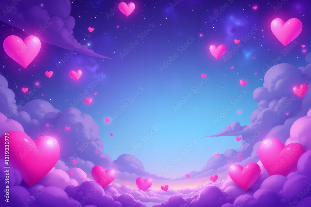 Fototapeta premium Love wallpaper with hearts among the clouds an the stars.