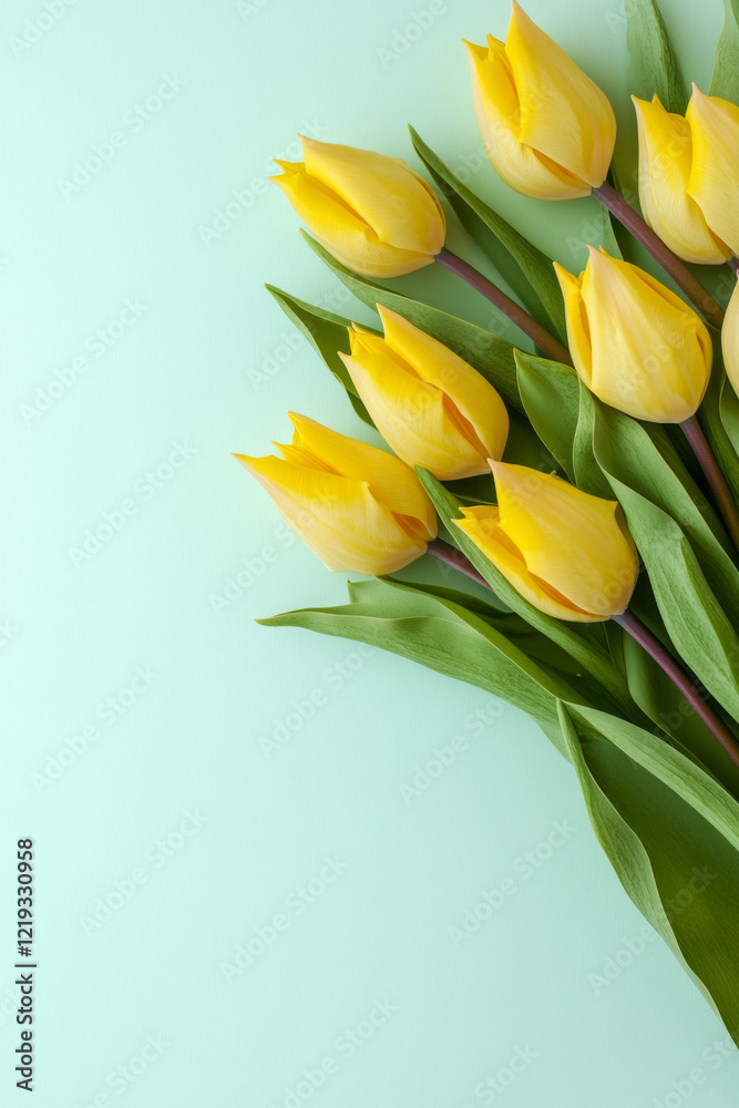 The yellow tulips, placed on the right edge, brighten the soft pastel mint background, perfect for a holiday concept or greeting card The yellow tulips, placed on the right edge, brighten the soft pastel mint background, perfect for a holiday concept or greeting card