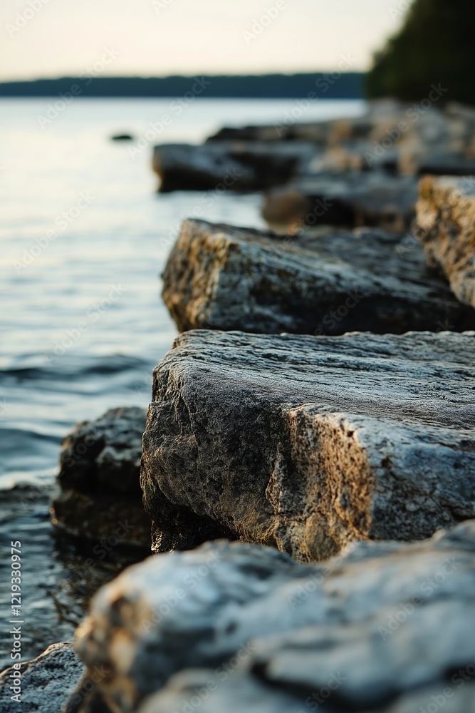 Rocks line the shore, reflecting the tranquility of sunset.