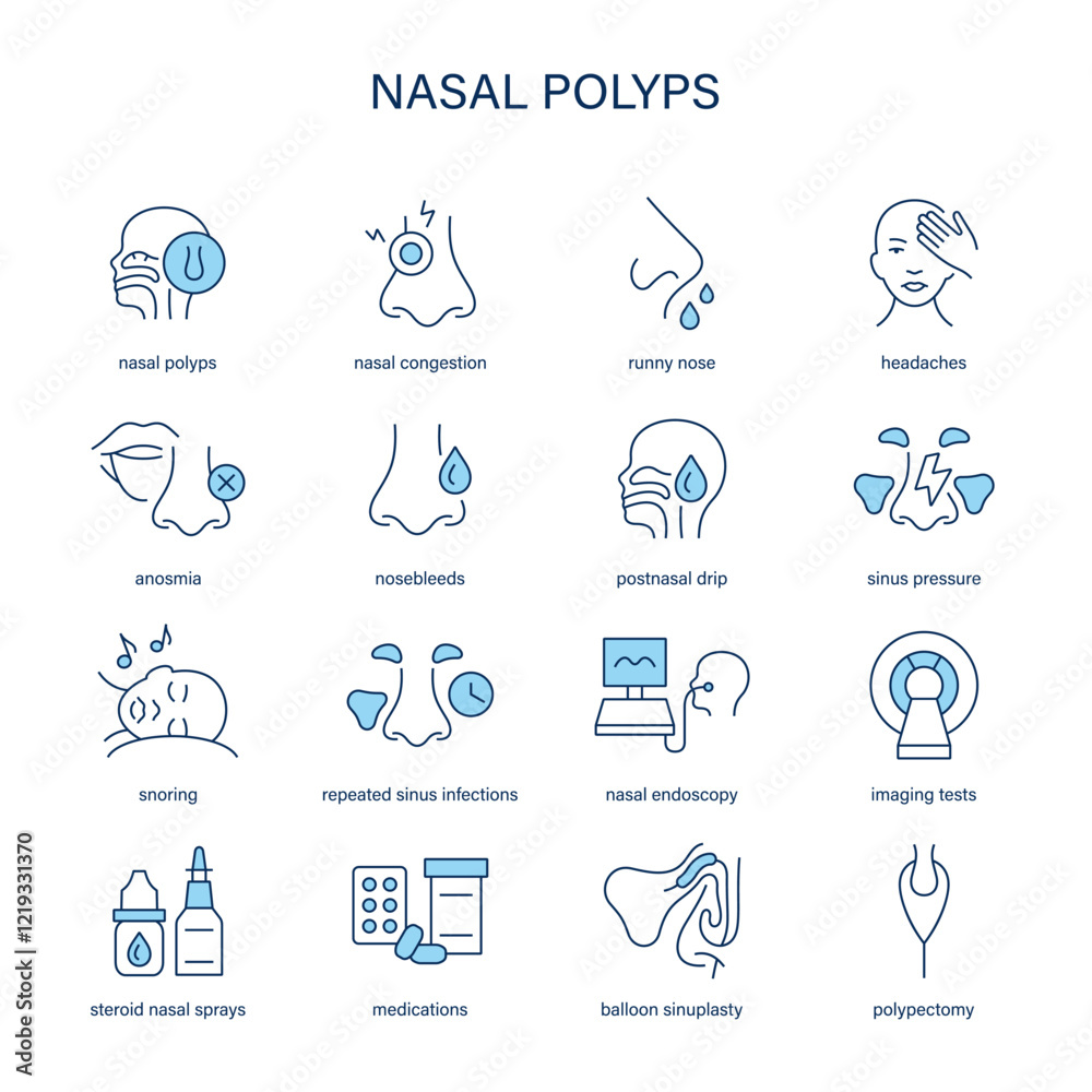 Nasal Polyps symptoms, diagnostic and treatment vector icon set. Medical icons. Nasal Polyps symptoms, diagnostic and treatment vector icon set. Medical icons.
