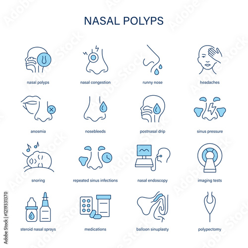 Nasal Polyps symptoms, diagnostic and treatment vector icon set. Medical icons.