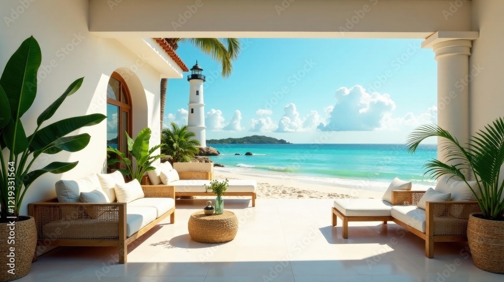Fototapeta premium Serene coastal patio with ocean view and lighthouse backdrop, featuring comfortable woven furniture and lush tropical plants