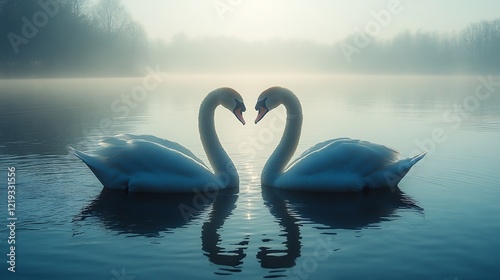 Mute Swans Forming Heart Shape in Misty Lake
