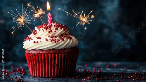 Festive Red Velvet Cupcake with Sparkler, Dark Background photo