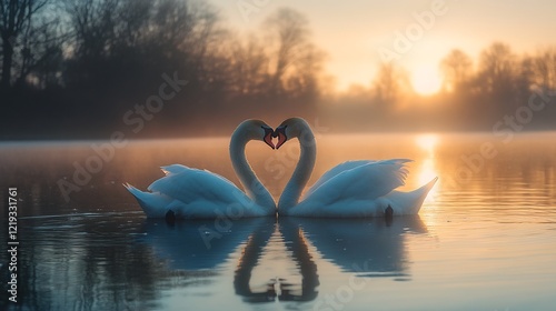A pair of swans forming a heart shape with their necks on a calm lake