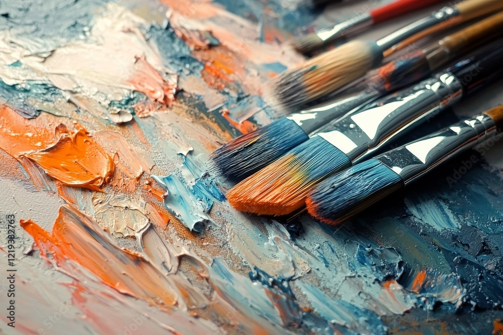 Close-up of artist's paintbrushes resting on a colorful textured palette in a creative workspace Close-up of artist's paintbrushes resting on a colorful textured palette in a creative workspace