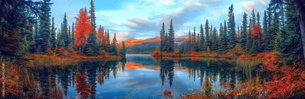 Fototapeta premium Autumnal lake scene with vibrant trees reflecting in calm water
