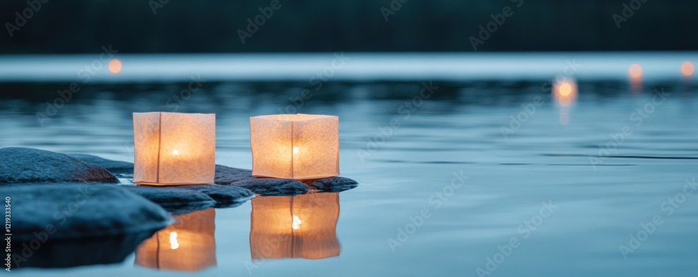 Tranquil Night Scene with Lanterns on Water Surface Tranquil Night Scene with Lanterns on Water Surface