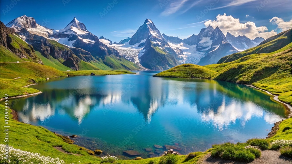 Fototapeta premium Bachalpsee Lake panorama in summer, Grindelwald, Switzerland 