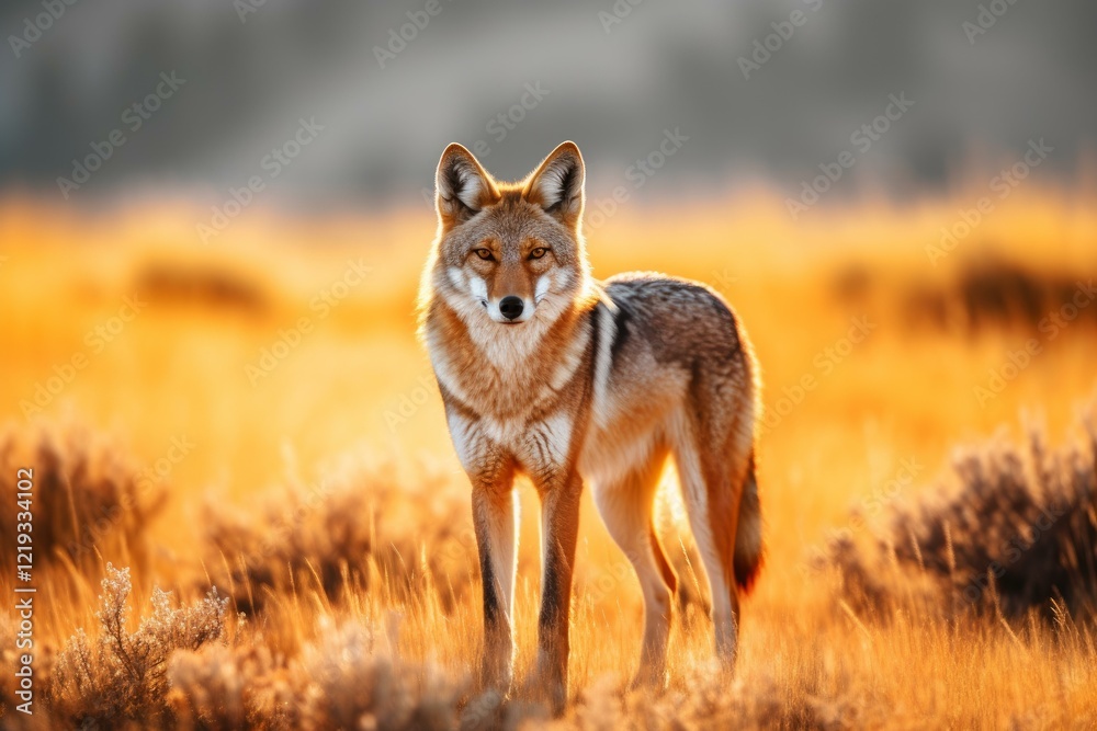 Wild coyote standing alert in golden light of its native grassland habitat Wild coyote standing alert in golden light of its native grassland habitat