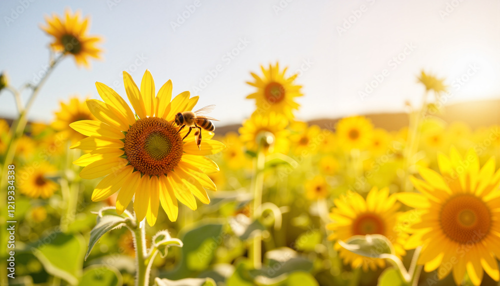 Fototapeta premium Bee pollinating sunflower in field at sunset, ecological awareness