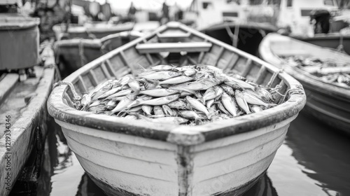 Fishing boat laden with silvery fish at harbor