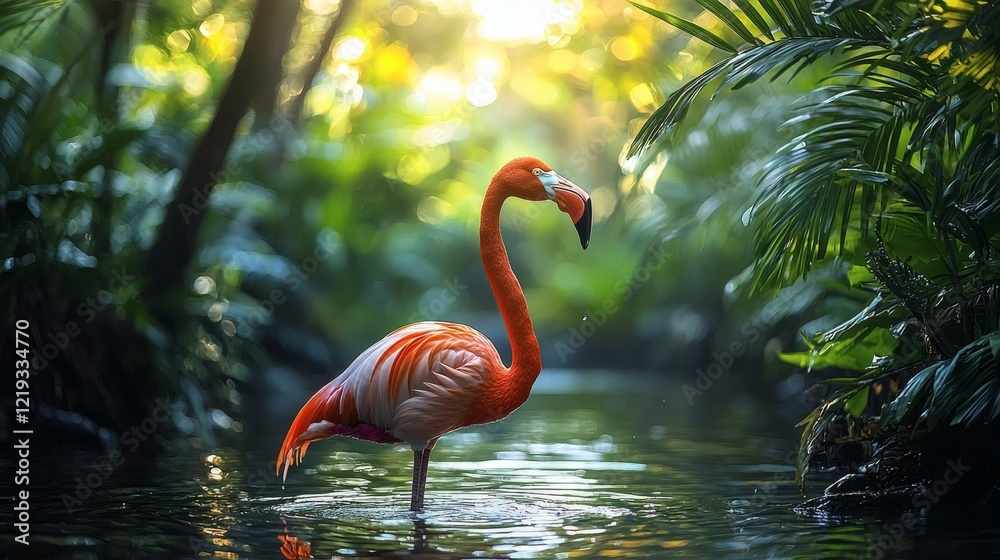 Fototapeta premium Serene Flamingo in Lush Tropical Paradise