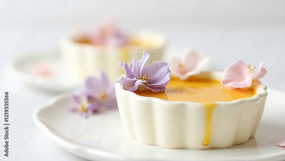 A silky lavender custard with honey, served in white ramekins adorned with edible pink and lavender flowers, bathed in soft light against a clean white background. A silky lavender custard with honey, served in white ramekins adorned with edible pink and lavender flowers, bathed in soft light against a clean white background.