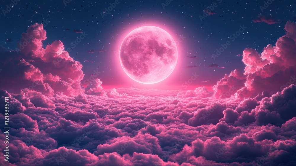 A vast sky filled with fluffy, illuminated clouds in shades of pink, purple, A vast sky filled with fluffy, illuminated clouds in shades of pink, purple,
