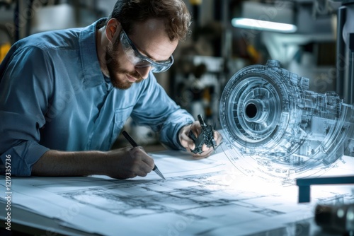 Engineer sketches mechanical design in workshop with transparent model in background
